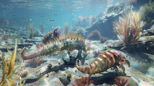 Cambrian period, underwater scene with Anomalocaris, Opabinia, Hallucigenia, Pirania and Dinomischus (3D science illustration) photo