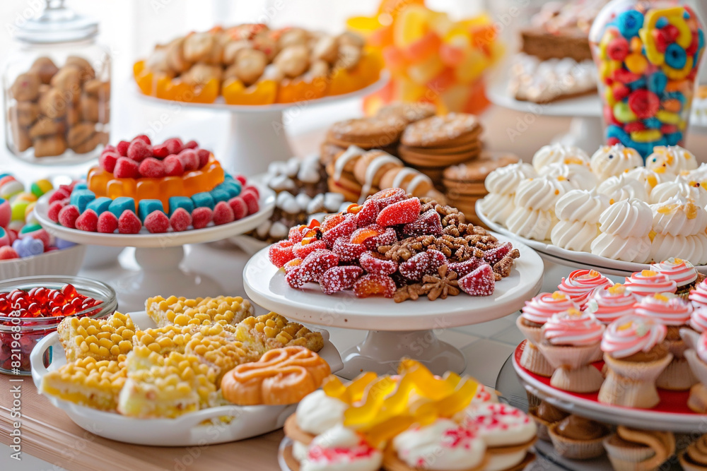 various snacks and sweets on a sweet table with desserts, gummy worms and cereals 