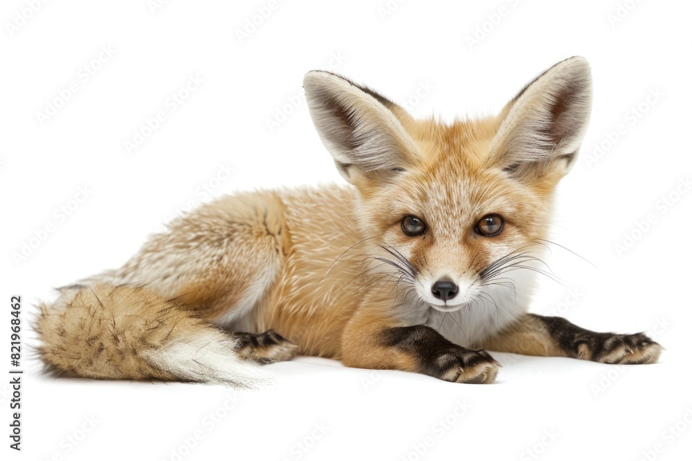 A fox laying down on a white surface. Suitable for animal-themed designs