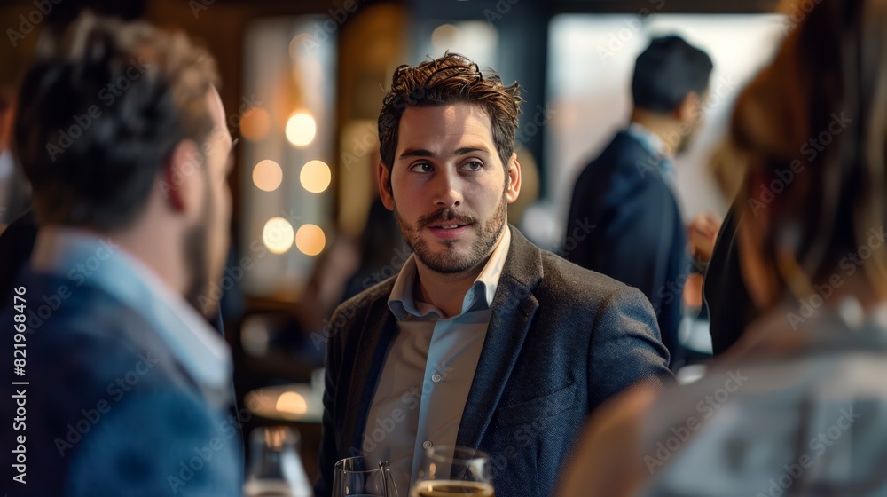 At a networking event, a businessman engages in meaningful conversations, expanding his professional connections. His charisma and networking skills open doors to new business opportunities. At a networking event, a businessman engages in meaningful conversations, expanding his professional connections. His charisma and networking skills open doors to new business opportunities.