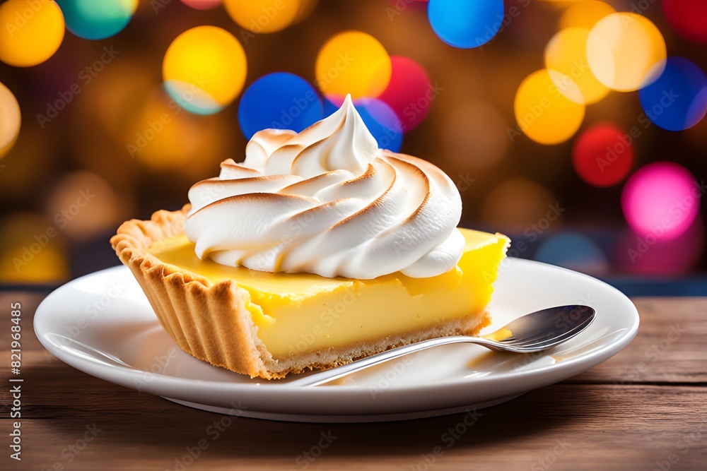 Lemon meringue tart with colorful bokeh background, ai generative Lemon meringue tart with colorful bokeh background, ai generative
