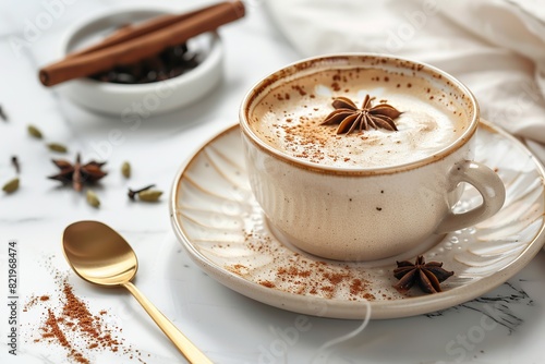 Cappuccino with species. Spice latte. Coffee drink with milk in modern ceramic cup, saucer with golden spoon. Autumn or winter spicy hot beverage in mug with cinnamon, star anise on white marble table