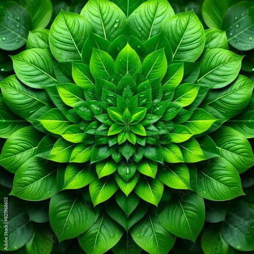 symmetrical arrangement of fresh green leaves with water droplets, floral mandala. concepts: backgrounds for eco-friendly or wellness products, visuals for meditation and relaxation apps, gardening photo