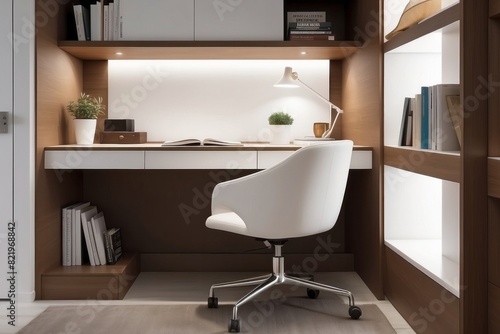Modern White And Brown Study Room Design With Under Ledge LED Lighting