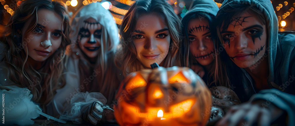 A group of friends dressed as phantoms for Halloween, posing with spooky decorations in the background A group of friends dressed as phantoms for Halloween, posing with spooky decorations in the background
