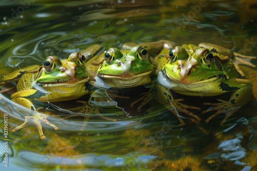 Group of frogs perched on top of water. Suitable for nature and wildlife themes