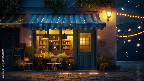 3D illustration of a night scene in a cafe with a striped awning  blue shutters  and a door on a smartphone screen with stars. Concept art of an online cafe reservation at night with yellow light