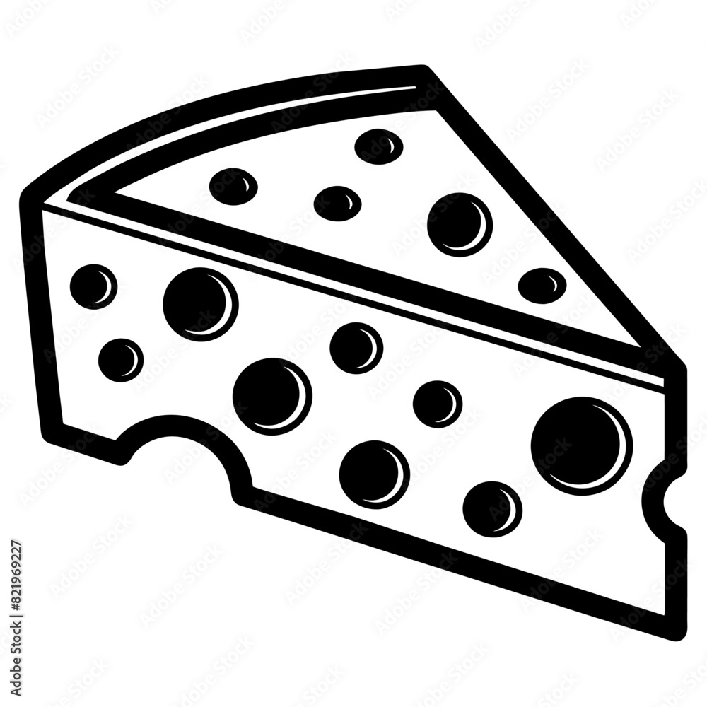 Slice of cheese with holes. Black and white vector illustration. Design for menus, labels, print. Slice of cheese with holes. Black and white vector illustration. Design for menus, labels, print.