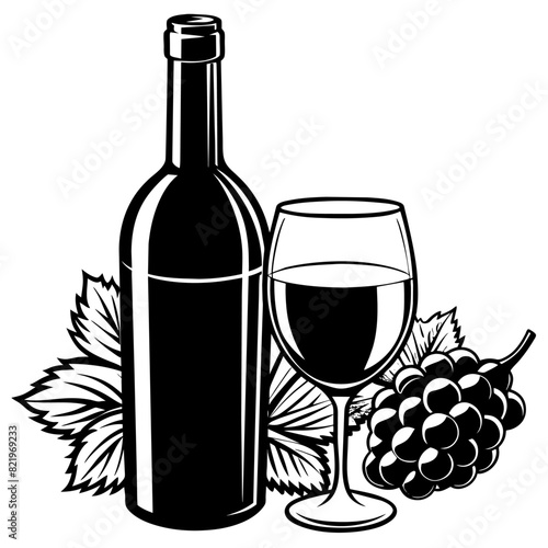 Wine bottle and glass with grape bunch. Black and white vector illustration. Design for labels, packaging, print.