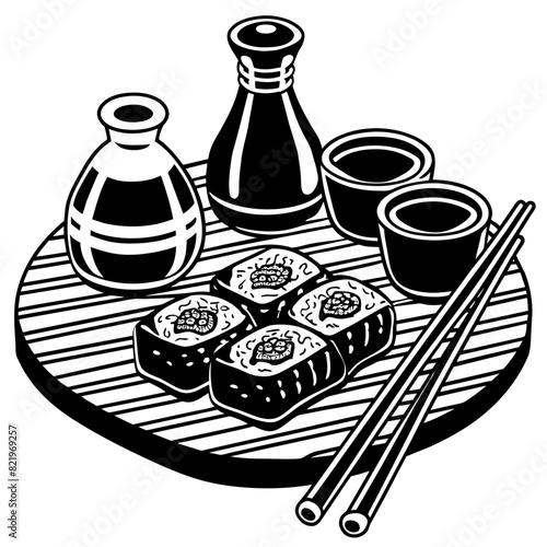 Sushi and sake set on a tray. Black and white vector illustration. Design for menus, labels, print.