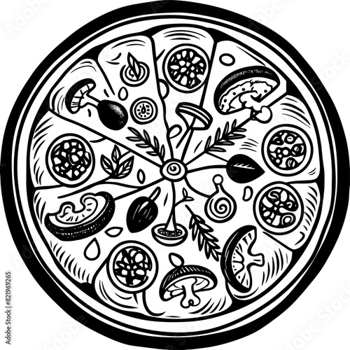 Vegetable pizza. Black and white vector illustration. Design for menus, labels, print.