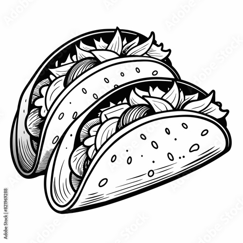 Tacos with various fillings. Black and white vector illustration. Design for menus, labels, print.