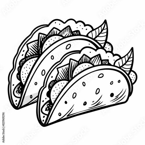 Tacos with various fillings. Black and white vector illustration. Design for menus, labels, print.