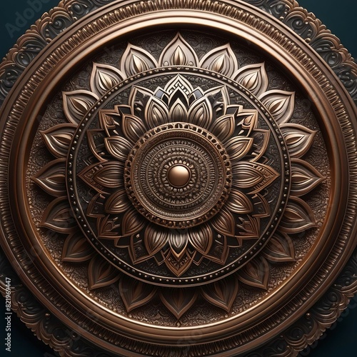 intricate circular mandala with ornate patterns, metallic relief sculpture, featuring shades of bronze and copper. concepts: meditation and yoga studios, mindfulness apps background, cultural heritage