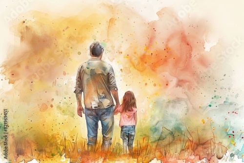 A man and a little girl walking in a field. Suitable for family and nature themes