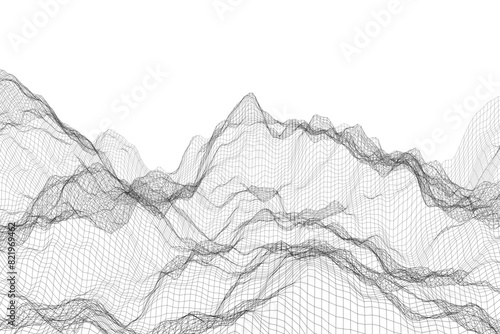 Futuristic wireframe mesh mountains on white net background in 3D
