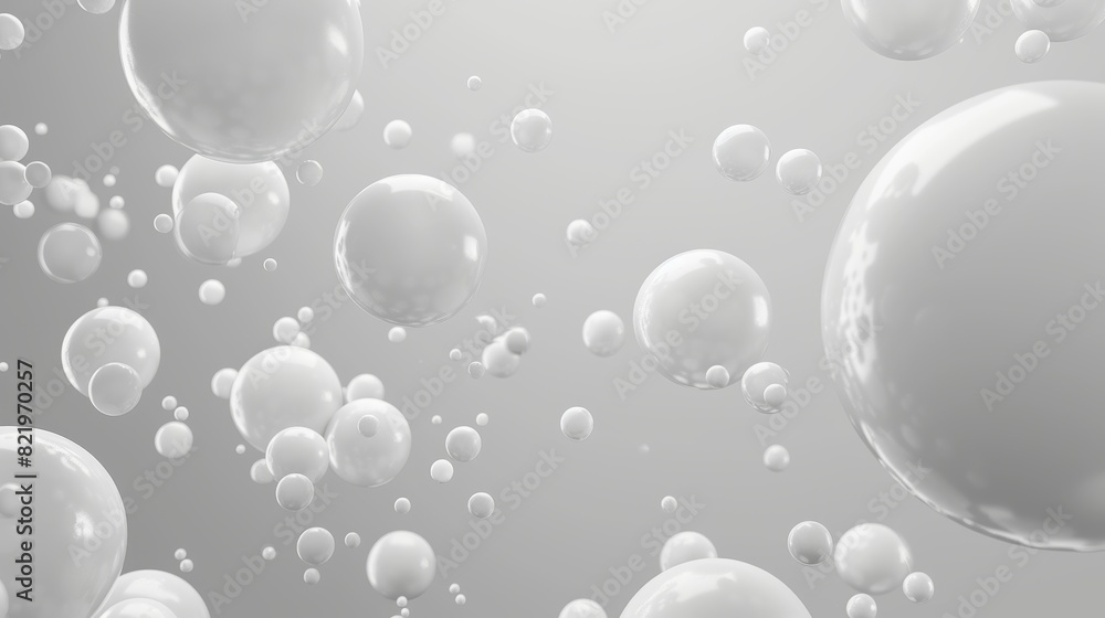 Snowy white balls on grey background. Fluid white soft spheres. Abstract background with dynamic 3D spheres. Trendy cover or banner design template. Modern illustration EPS10.