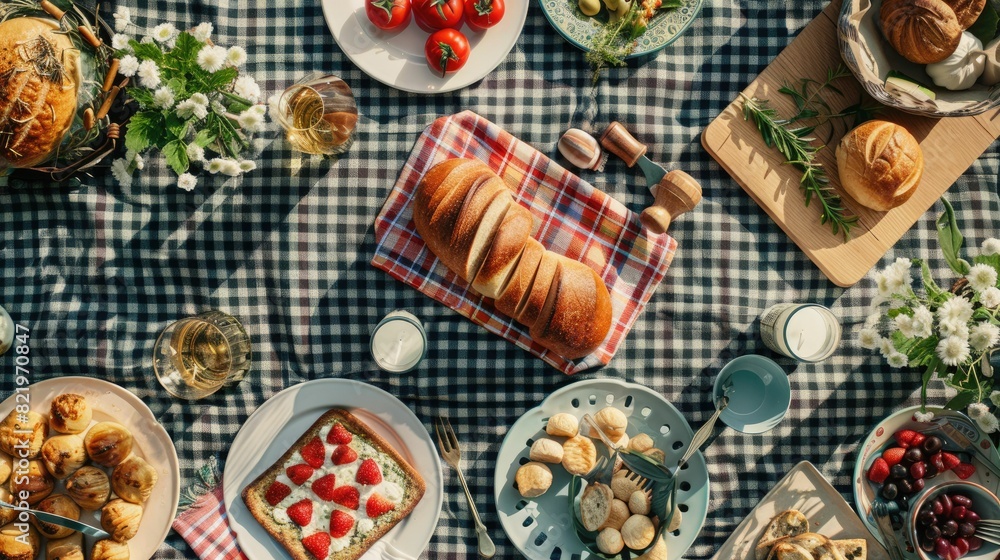 A picnic spread with tableware, fruit, and flowers on a plaid blanket. Enjoy natural foods, vegetable dishes, and a beautiful outdoor event AIG50
