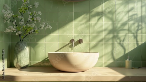 An interior render of a spacious bathroom featuring a wooden vanity counter top  green tiled walls  a ceramic washbasin  and a modern minimal style faucet in warm morning sun and shadow. 3D rendering