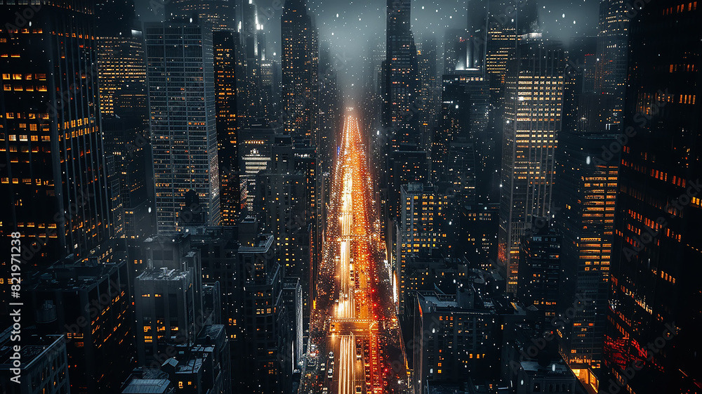 Fototapeta premium Urban landscape with golden night lights of streets, panoramic background of skyscrapers of the city, aerial view