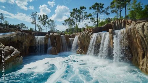 A naturalistic wave pool with stone formations and waterfalls seamlessly blends into its tranquil surroundings.