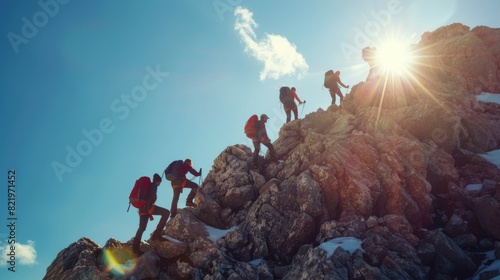 A group of people climbing up a mountain. Suitable for outdoor and adventure concepts #821971452