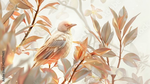 Illustration of a tropical beige bird on a white background, spring watercolor illustration, botanical illustration © Bundi