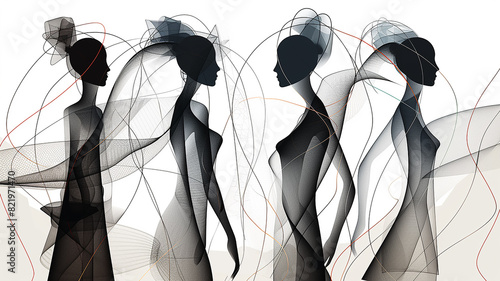 Women's silhouettes at a fashion show, background graphic postcard