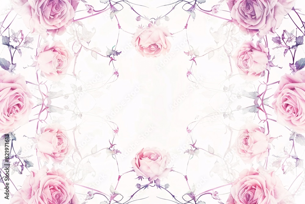 Fototapeta 3. The image showcases a serene white background with a pastel rose pattern that spreads across the center. Each rose is rendered in soft, muted tones, and the surrounding vines form an elegant