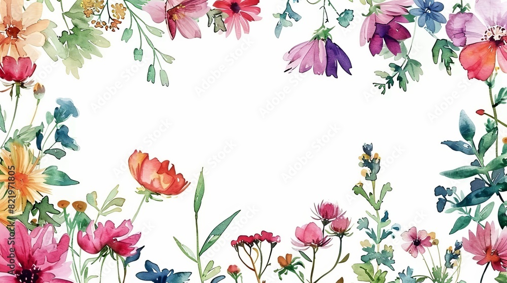 This watercolor-painted floral frame features wildflowers, plants, herbs, leaves on a white background. Botanical rectangle border. PNG clipart.