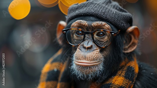 Smart monkey dresses in leather jacket, knitted scarf, newsboy cap, and black glasses likes human isolated on blurred downtown background. An anthropomorphic animal in human-like pose photo