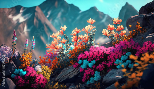 Background of mountain fresh beautiful different kind of colored flowers. AI generated.