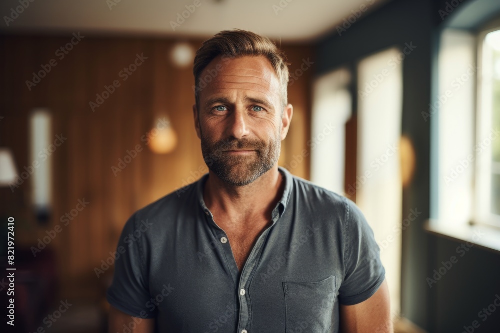 Naklejka premium Portrait of a blissful man in his 40s smiling at the camera isolated on scandinavian-style interior background