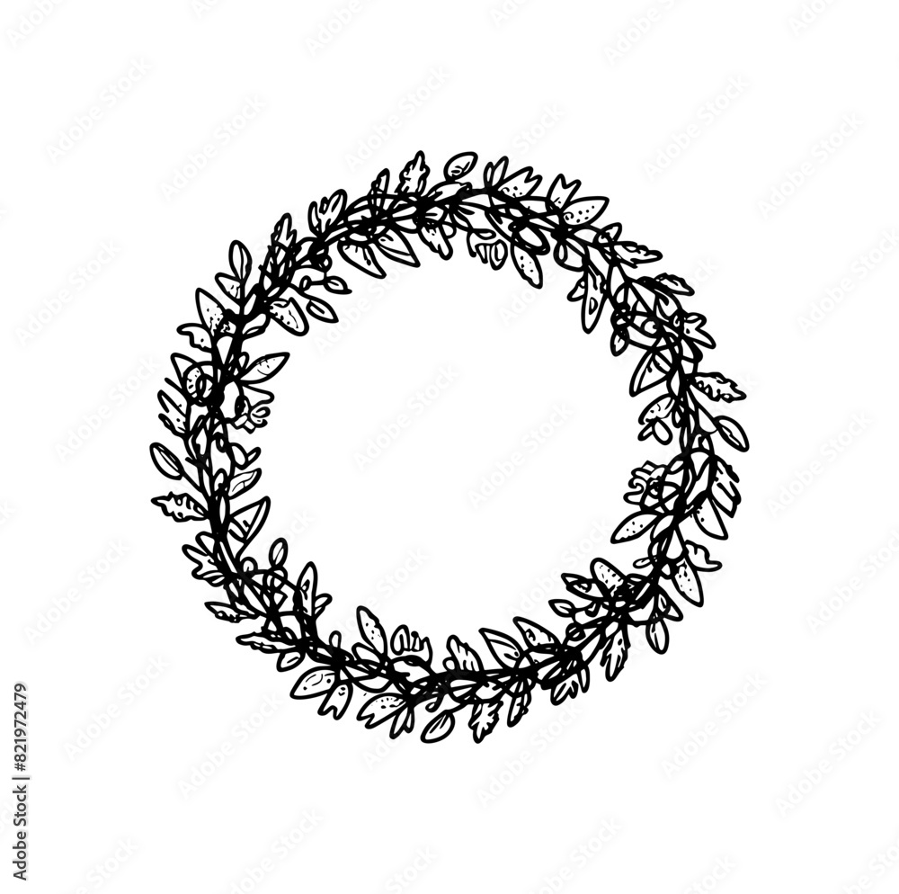 Frame of twigs with leaves. Simple round wreath, linear style. Floral border, decorative design element for logo, holiday decoration, invitation, wedding. Vector illustration of black color on white
Frame of twigs with leaves. Simple round wreath, linear style. Floral border, decorative design element for logo, holiday decoration, invitation, wedding. Vector illustration of black color on white