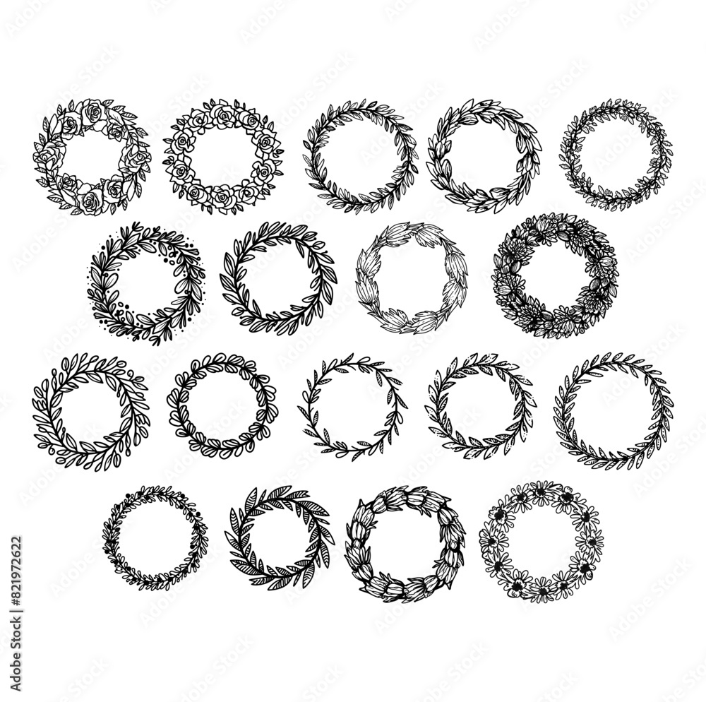 Frame of twigs with leaves. Simple round wreath, linear style. Floral border, decorative design element for logo, holiday decoration, invitation, wedding. Vector illustration of black color on white
Frame of twigs with leaves. Simple round wreath, linear style. Floral border, decorative design element for logo, holiday decoration, invitation, wedding. Vector illustration of black color on white