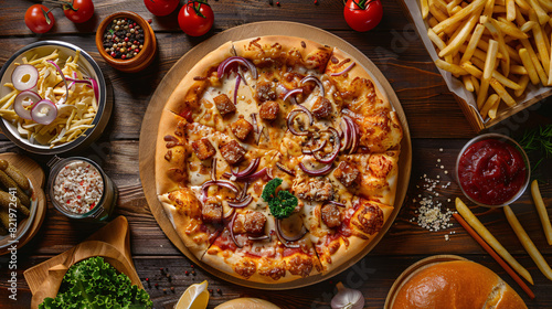 Pizza french fries and other fast food on wooden table