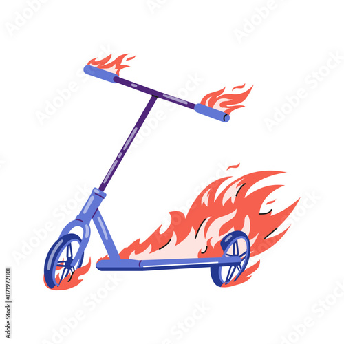Stunt scooter on fire flat vector illustration isolated on white.