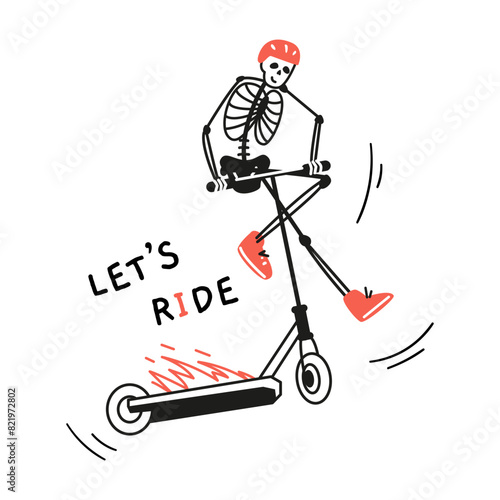 Funny skeleton in red helmet and sneakers making trick on stunt scooter on fire line vector illustration.