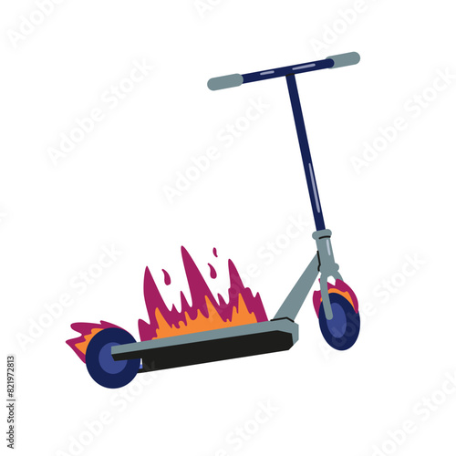 Stunt scooter on fire flat vector illustration isolated on white.