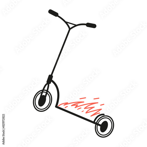Stunt scooter on fire line art minimalistic vector illustration isolated on white.