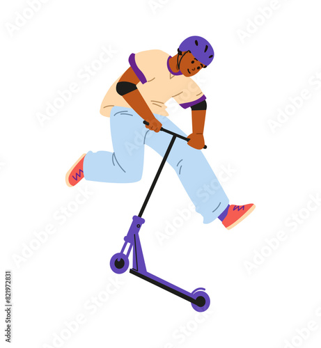 African American teenage boy making trick on stunt scooter flat vector illustration isolated on white.