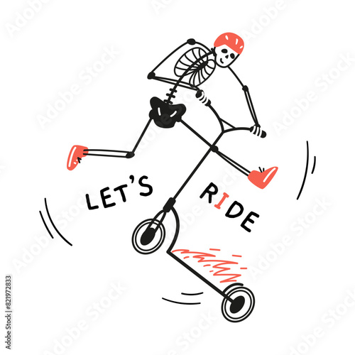 Funny skeleton in red helmet and sneakers making trick on stunt scooter on fire line vector illustration.