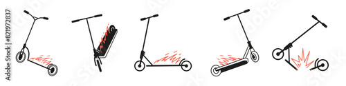 Stunt scooter on fire in different positions line minimalistic vector illustrations set.