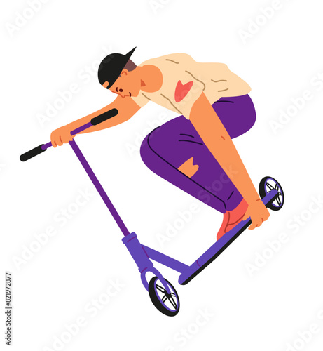Teenage boy making trick on stunt scooter flat vector illustration isolated on white.
