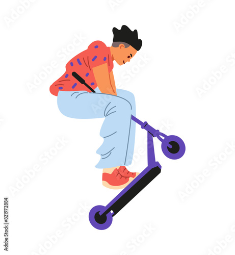 Teenage boy making trick on stunt scooter flat vector illustration isolated on white.