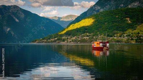 Boat Afloat on a Mountain Lake