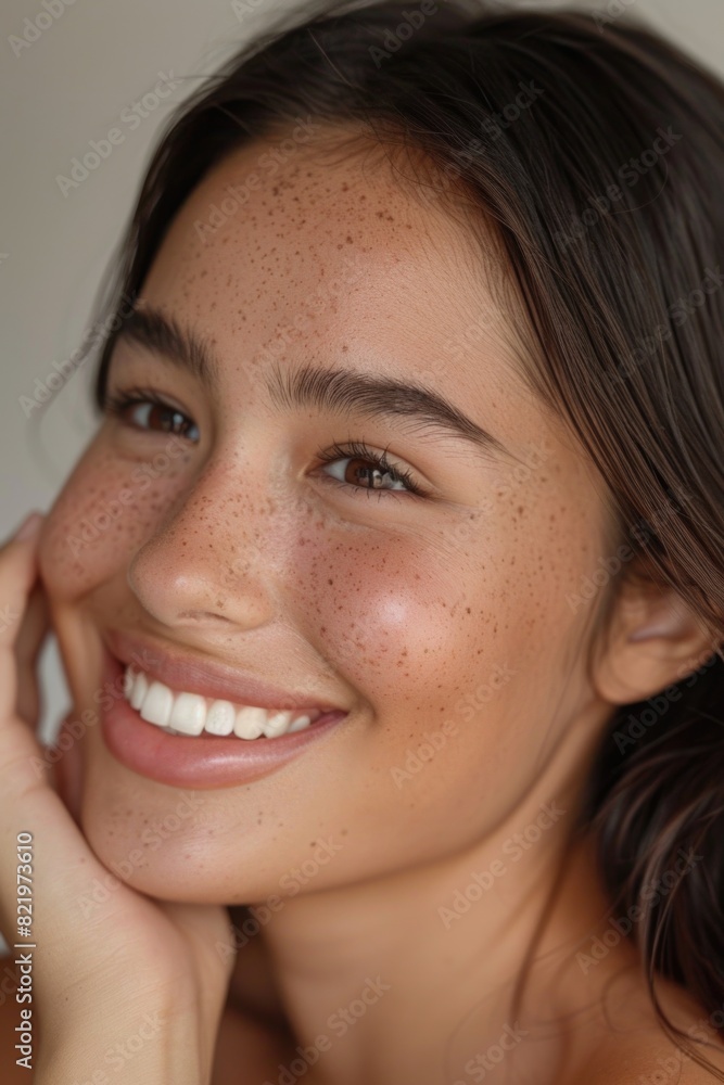 A beautiful young woman with freckles on her face. Suitable for beauty or skincare concepts A beautiful young woman with freckles on her face. Suitable for beauty or skincare concepts