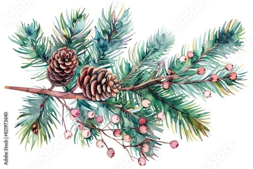 A beautiful watercolor painting of a pine branch with cones and berries. Perfect for nature-themed designs