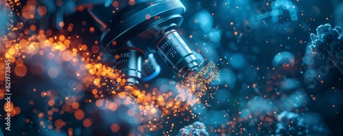 A close-up of a microscope observing glowing particles in a laboratory, emphasizing scientific research and technological innovation.