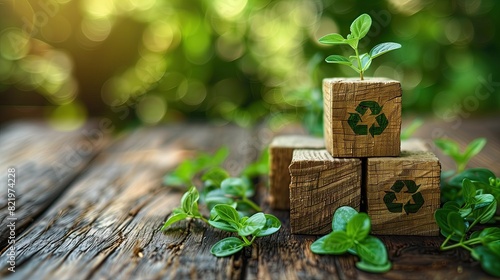 Wooden block with green seedlings Problems of global warming and climate change green energy and sustainable solutions to reduce carbon and pollution.